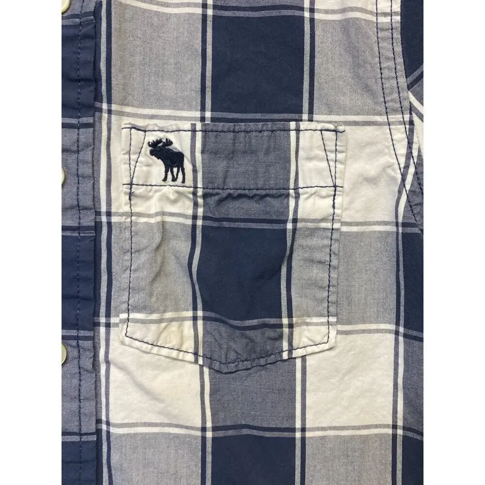 Abercrombie & Fitch Boys Muscle Button Up Kids Size M Plaid Short Sleeve, Blue